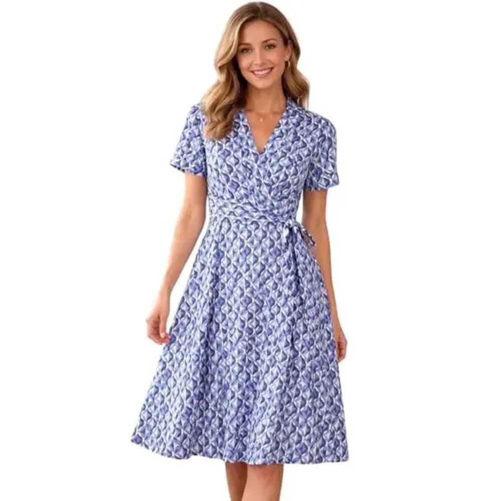 Tahari‎ ASL Short Sleeve Shirtdress Ivory/Blue Women Size 12 NWT